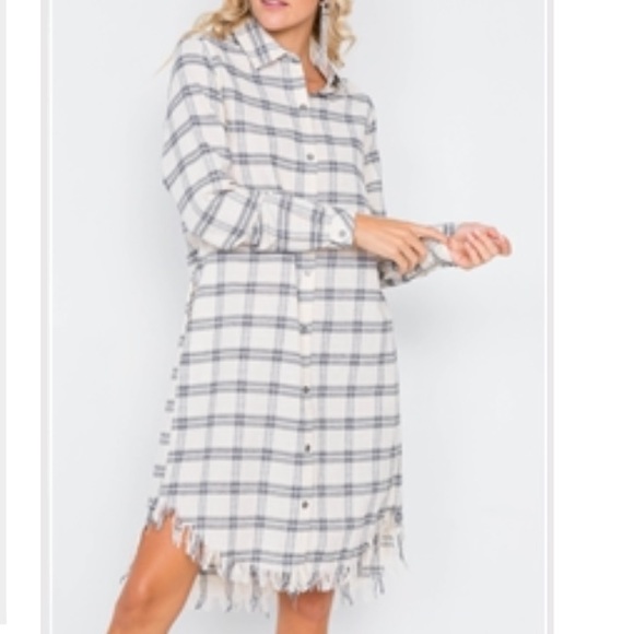 PLAID STRIPE RAW HIGH-LOW HEM FLANNEL DRESS - Picture 5 of 5